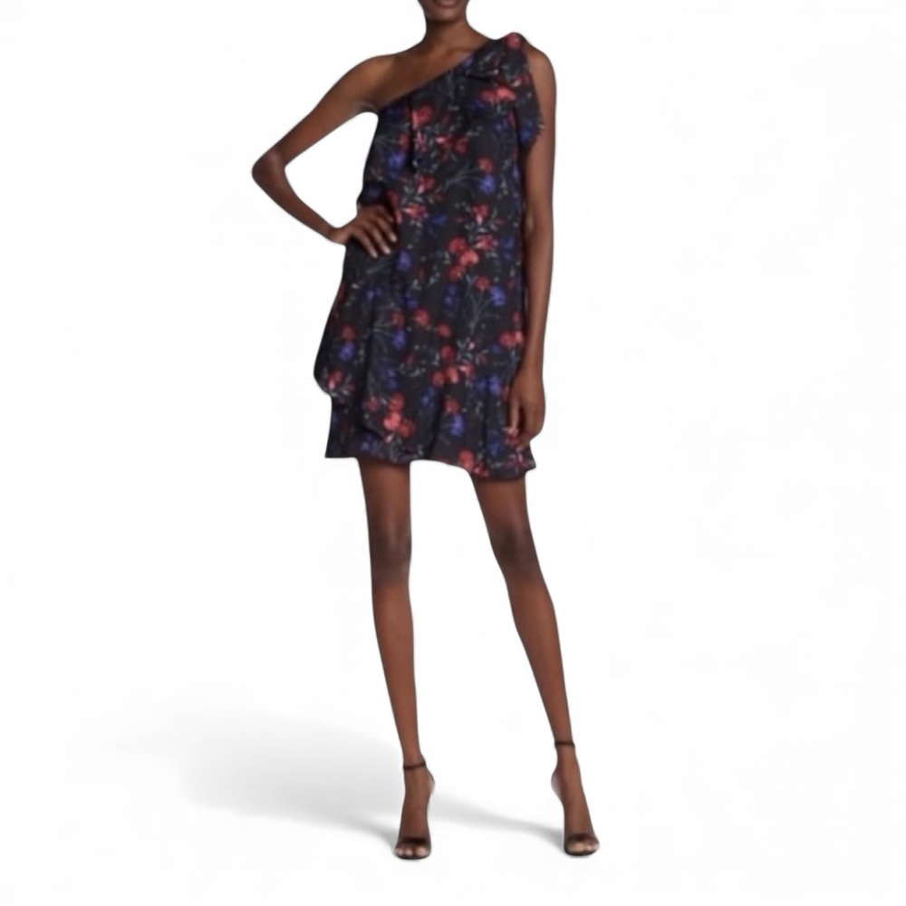 Parker Floral One Shoulder Dress Size XS Black Multi Tiered Hem NWT